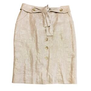 Eccoci Button Front Pencil Mini Skirt Tie Front Gold Shimmer Beige Womens Size 2
